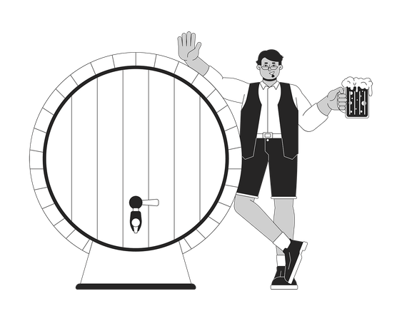 Homem árabe sorridente apoiado em barril de cerveja de madeira  Ilustração