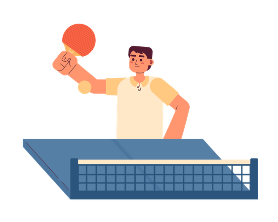 Homem asiático com remo jogando partida de pingue-pongue  Ilustração