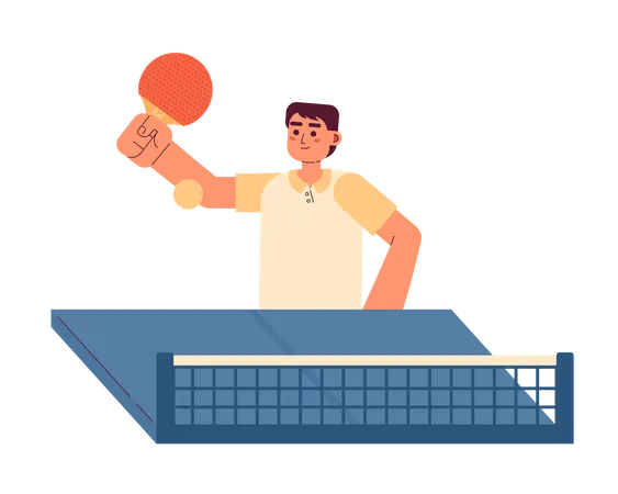 Homem asiático com remo jogando partida de pingue-pongue  Ilustração