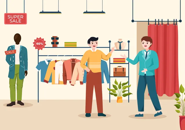 Homem comprando pano em loja de roupas  Ilustração