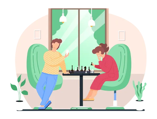 Homem e mulher jogando xadrez na sala de estar  Ilustração