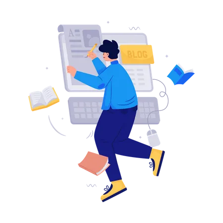 Homem escreve artigos de blog  Ilustração