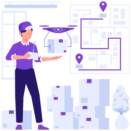 Homem fazendo entrega de drone  Ilustração