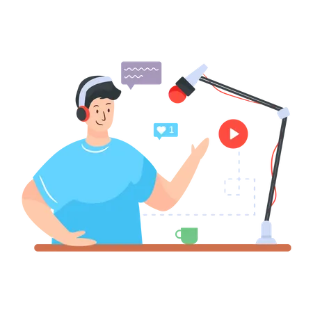 Homem gravando podcast  Ilustração
