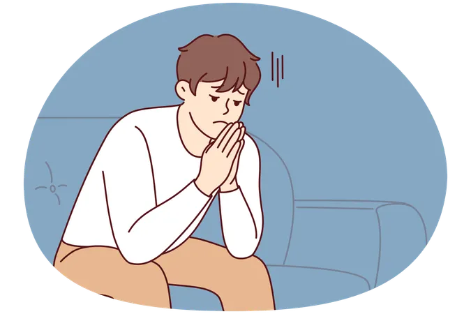Homem infeliz sentado no sofá se sentindo estressado  Ilustração