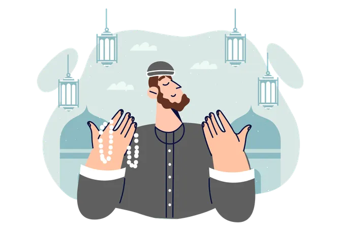 Homem islâmico rezando fazendo hajj no mês sagrado do Ramadã  Ilustração