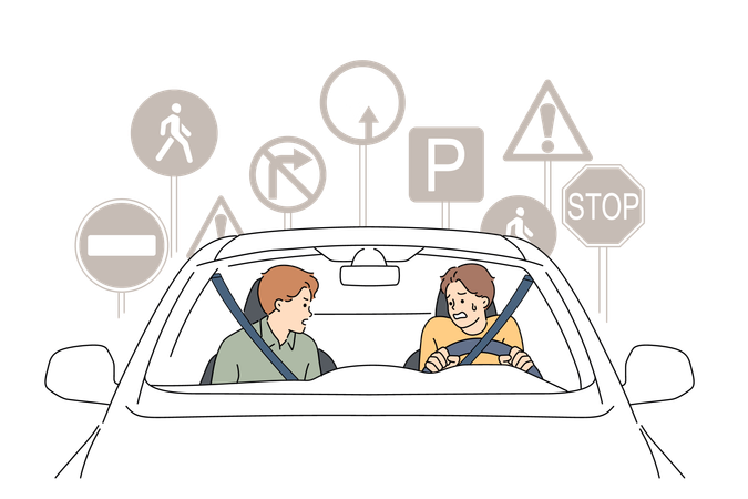 Homem é mau motorista e entra em pânico ao dirigir e se confunde com placas de trânsito devido ao sistema nervoso fraco  Ilustração