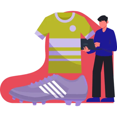 Homem mostrando camiseta de jogador de futebol  Ilustração