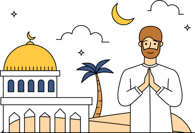 Homem muçulmano rezando fora da mesquita  Ilustração