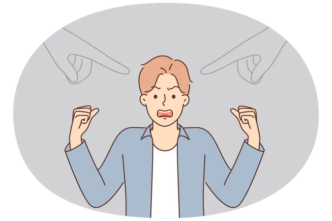 Homem nervoso acenando os braços e ficando bravo em pé perto de dedos apontando simbolizando a opinião pública  Ilustração
