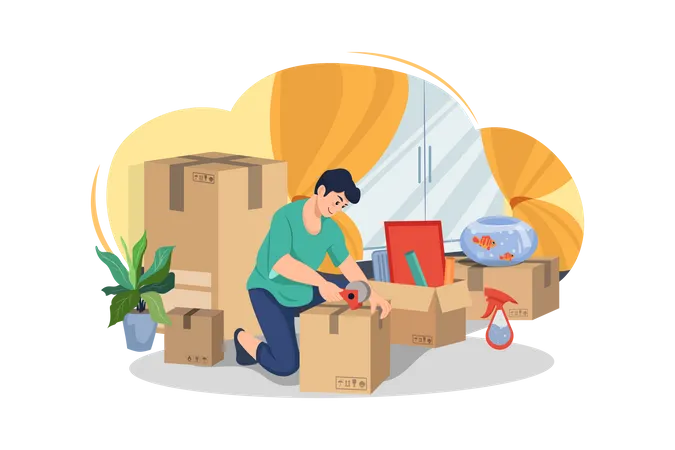 Homem se preparando para mudar de casa  Ilustração
