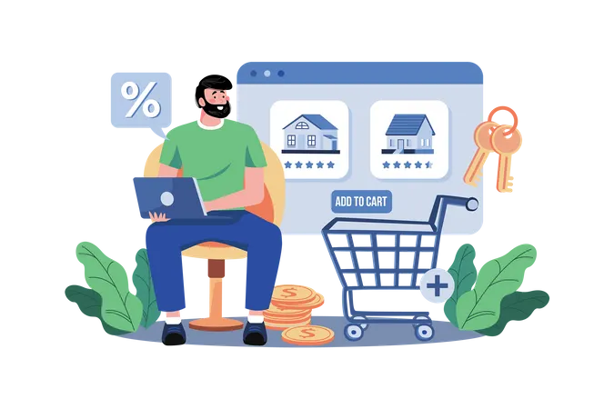 Homem procurando imóveis no site  Ilustração