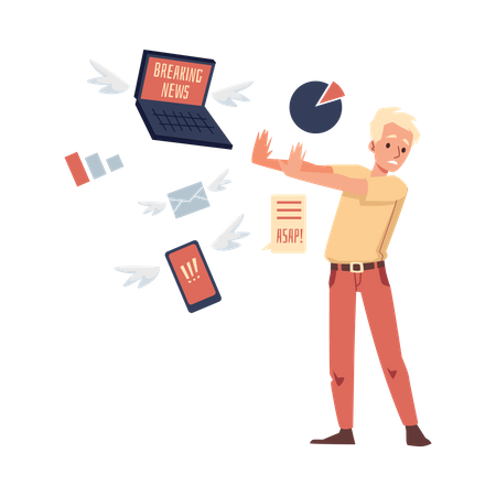 Homem se sentindo estressado com a sobrecarga de notícias  Ilustração