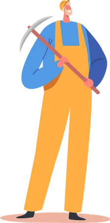 Homem que trabalha na pedreira segurando picareta  Ilustração