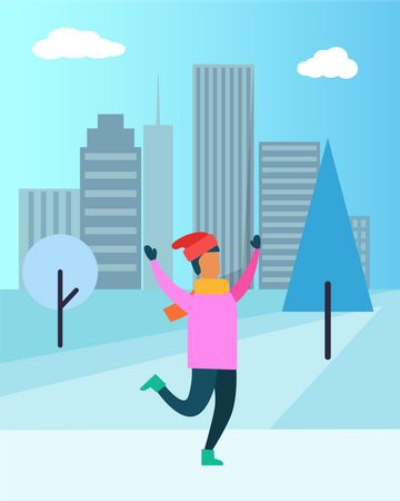 Homem vestindo roupas de inverno e aproveitando o inverno  Ilustração