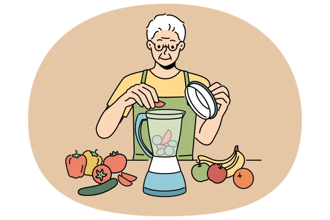 Un homme âgé utilise un mixeur et prépare des smoothies à partir de fruits et légumes frais  Illustration