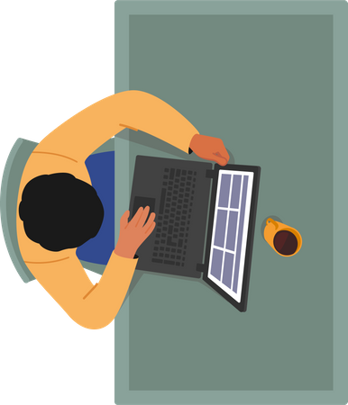 Homme assis au bureau avec ordinateur portable et tasse à café  Illustration