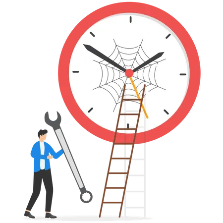 Homme d'affaires grimpant sur une clé pour réparer une horloge cassée  Illustration