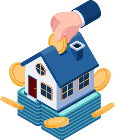 Homme d'affaires main insérer une pièce de monnaie dans la maison acheter une maison et investir dans l'immobilier  Illustration