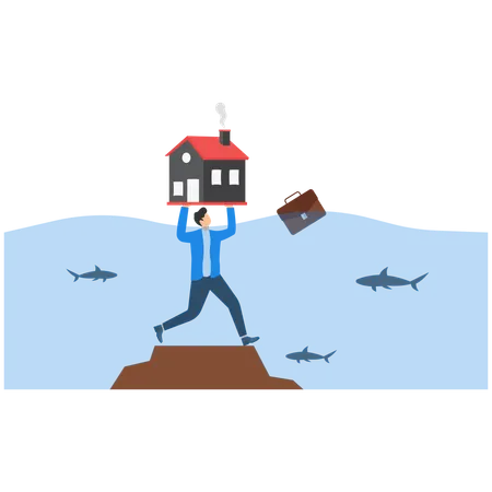 Un homme d'affaires tient sa maison et la sauve des inondations  Illustration