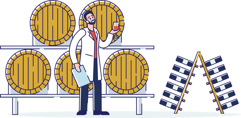 Homme dégustant du vin dans une cave avec des fûts en bois  Illustration