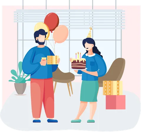 Un homme et une femme, une famille heureuse célébrant les vacances avec un gâteau  Illustration