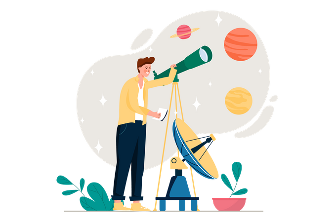 Homme explorant l'espace à travers un télescope  Illustration