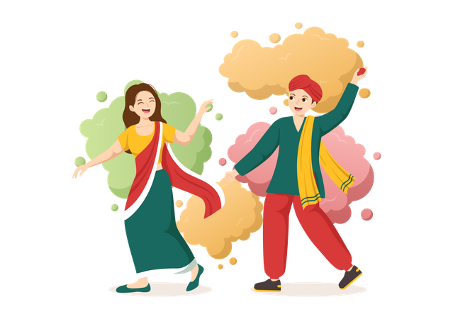 Un Indien jette des couleurs Holi sur une fille  Illustration