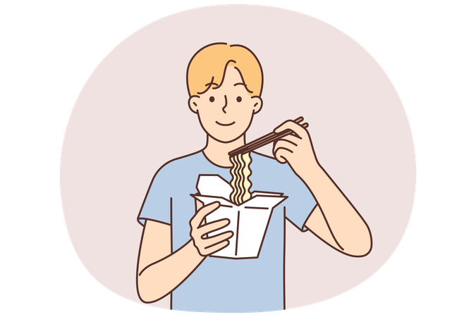 Un homme mange des nouilles chinoises dans une boîte en carton à emporter et tient des baguettes du restaurant  Illustration