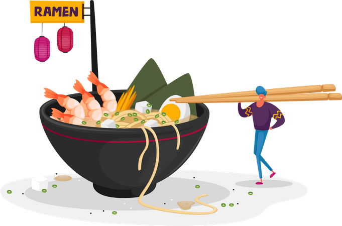 Homme mangeant des nouilles ramen avec une baguette en bois  Illustration