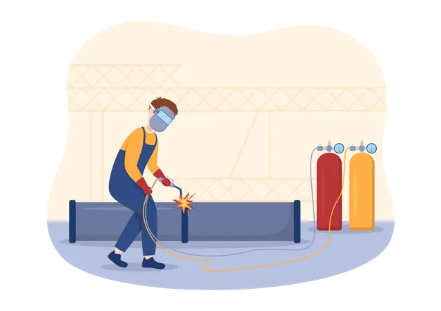 Homme réparant l'acier à l'aide d'un chalumeau  Illustration