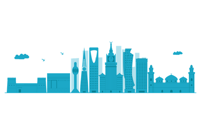 Skyline de l'Arabie Saoudite en silhouette bleue  Illustration