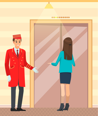 Hotel security guard welcoming guests to the hotel  일러스트레이션