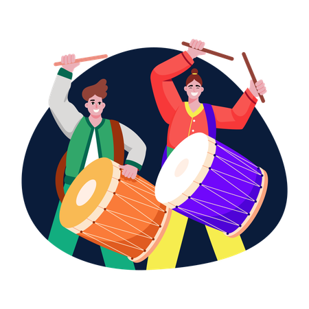 太鼓を演奏するインドの太鼓奏者  イラスト