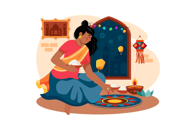 Indian girl drawing Diwali Rangoli on the floor  일러스트레이션