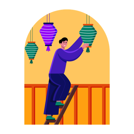 Indian man Hanging lanterns for diwali celebration  Illustration