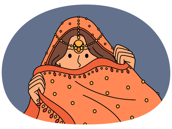 Indian woman hides face behind national dress during traditional cultural ritual  Illustration