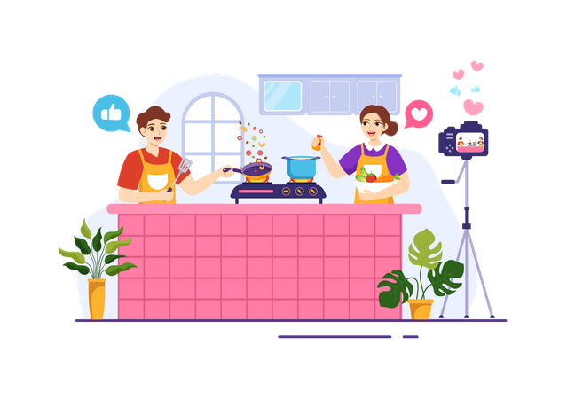 Influencer enseñando recetas de comida  Ilustración