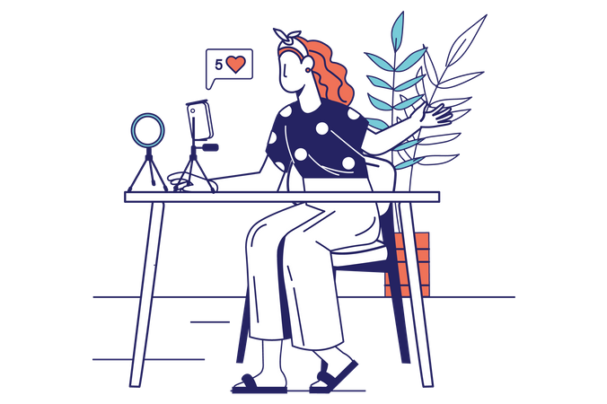 Influenciadora feminina de mídia social fazendo streaming de vídeo  Ilustração