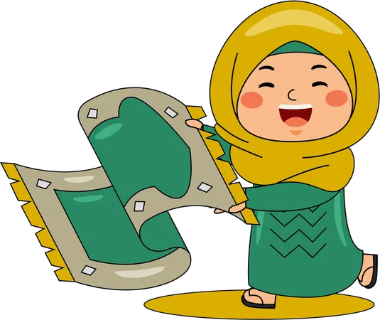 祈りの絨毯を持つイスラム教の少女  イラスト