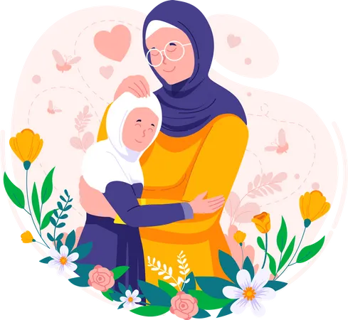 Islamic Hijab Muslim mother hugging her daughter  イラスト