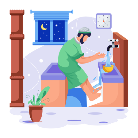 Islamic man is doing Wudu  イラスト