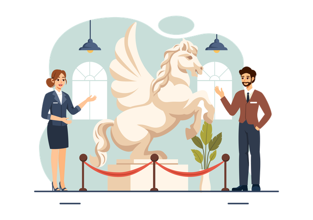 Jeune femme et homme montrant une sculpture en pierre  Illustration