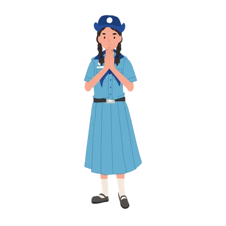 Jeune fille thaïlandaise scoute en uniforme saluant sawasdee dans la culture traditionnelle thaïlandaise scoutisme des jeunes  Illustration