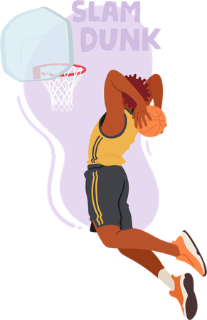 Le personnage masculin du joueur de basket-ball s'envole dans les airs  Illustration