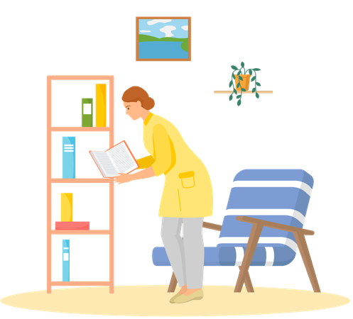 Jovem lendo livro em pé perto de uma pilha de livros na sala de estar  Ilustração