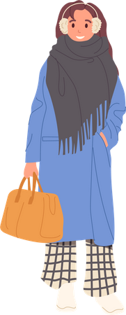 Mulher bonita jovem demonstrando roupas de inverno da moda  Ilustração