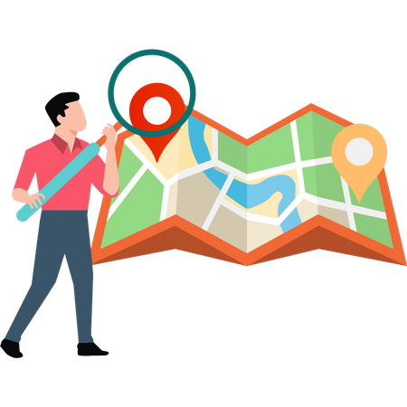 Jovem segurando ampliação e localização  Ilustração