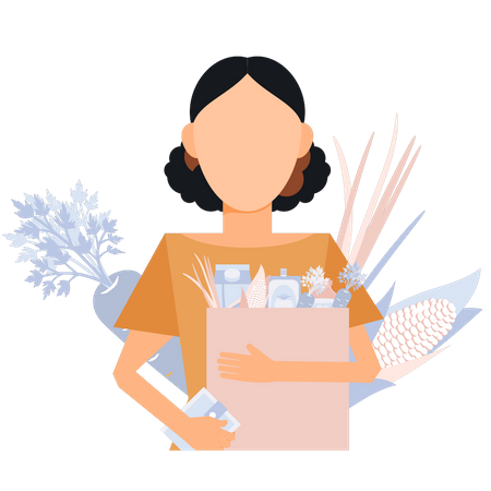 A jovem tem um saco de produtos de limpeza  Ilustração