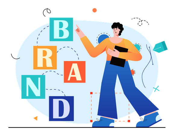 Jovem trabalhando na construção da marca  Ilustração